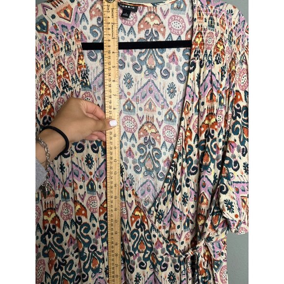 Torrid Womens 4X Tan Purple Printed Short Sleeve Gauze Smocked Surplice Wrap Top - Picture 5 of 11